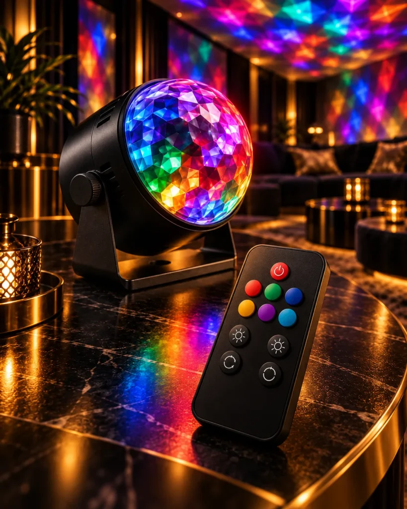 Luz LED discoteca con control en contexto editorial